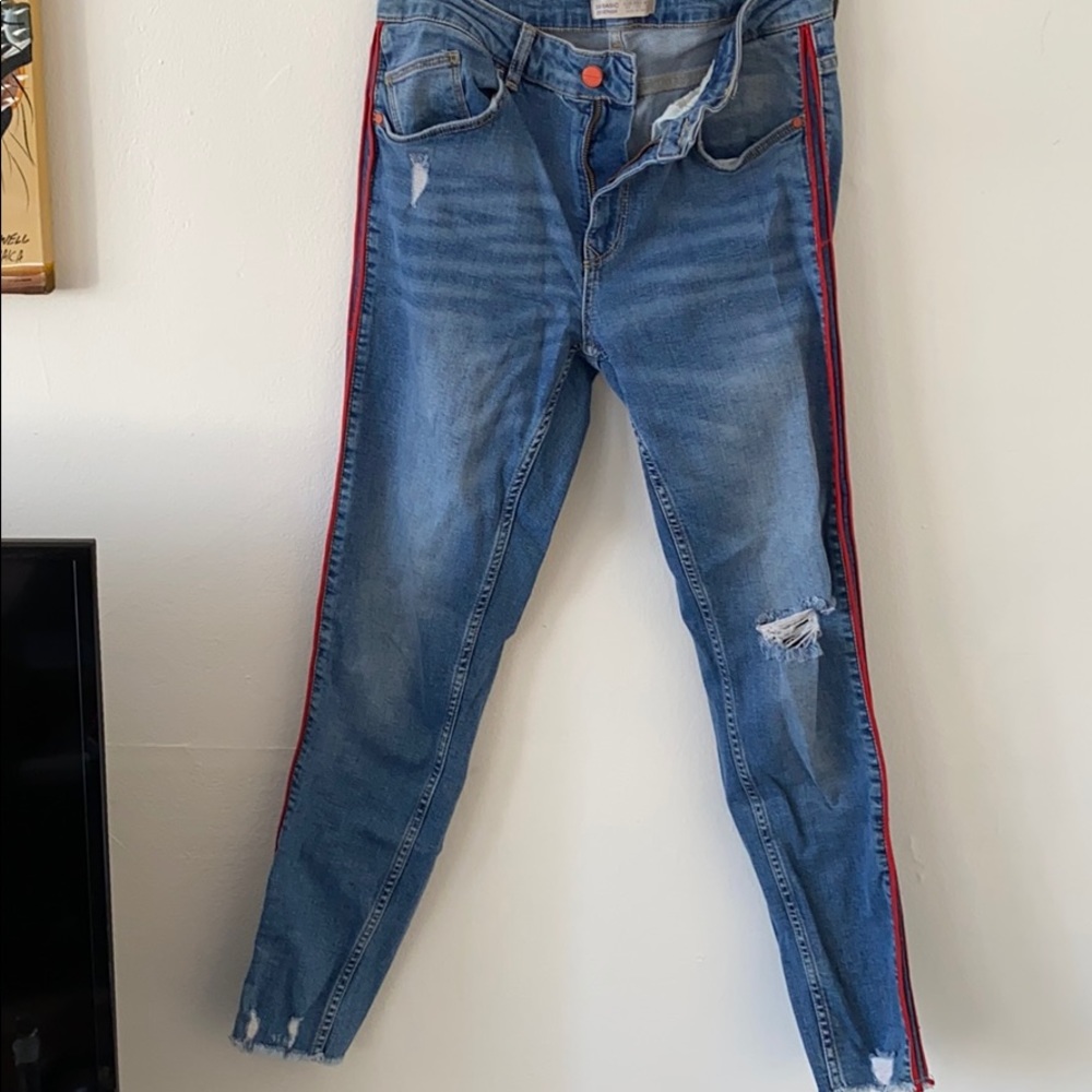 Zara side stripe distressed skinny jeans